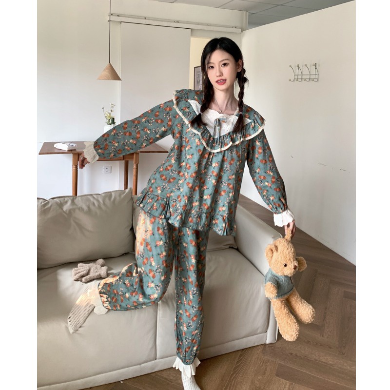 Bộ ngủ mùa thu viền ren hoa nhí vintage mặc nhà giản dị thời trang ulzzang