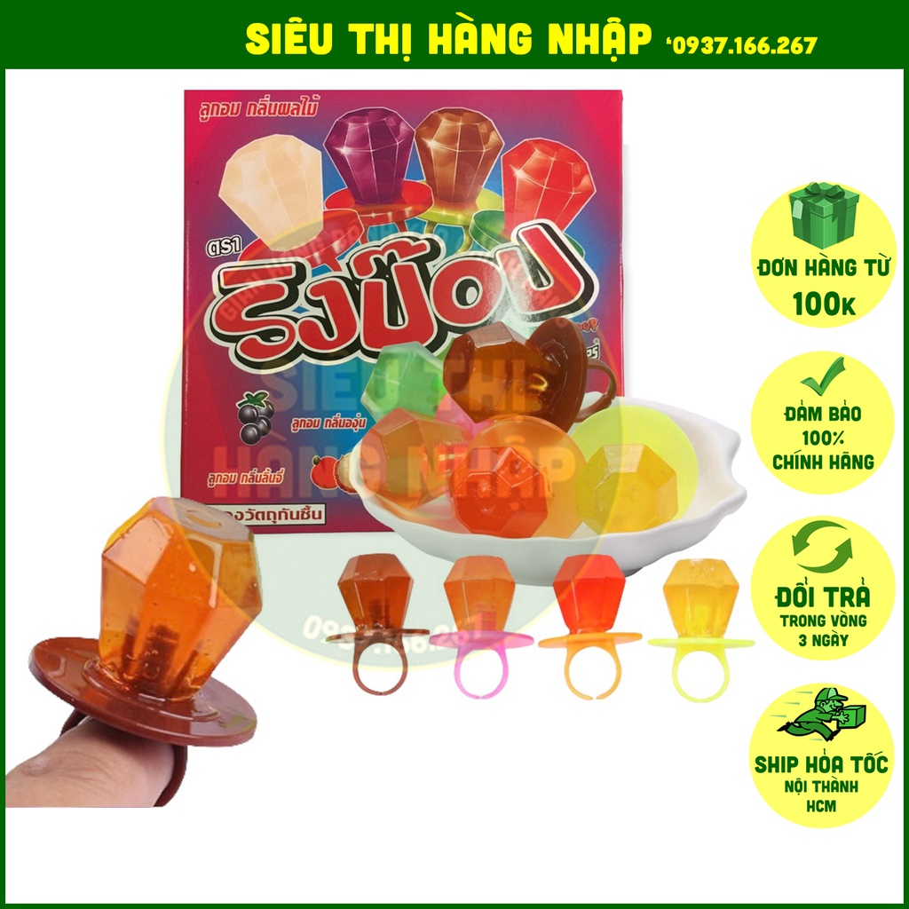 Hộp 24 kẹo nhẫn kim cương Ringpop Thái Lan 4 vị dâu, nho, vải &amp; cola, kẹo mút cho bé vừa ăn vừa chơi, lollipop