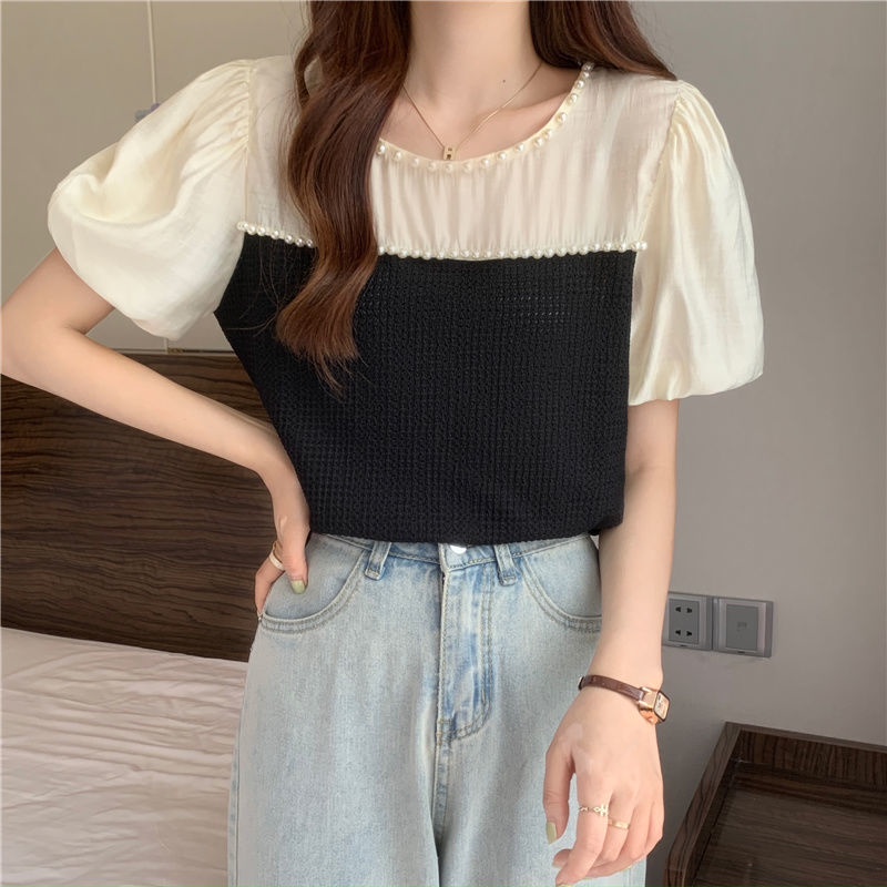 Áo Kiểu Tay Phồng Phối Lưới Đính Ngọc Trai Thiết Kế Mới Thời Trang Mùa Hè Cho Nữ