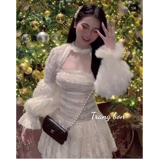 Đầm lông xoè chocker tay bồng