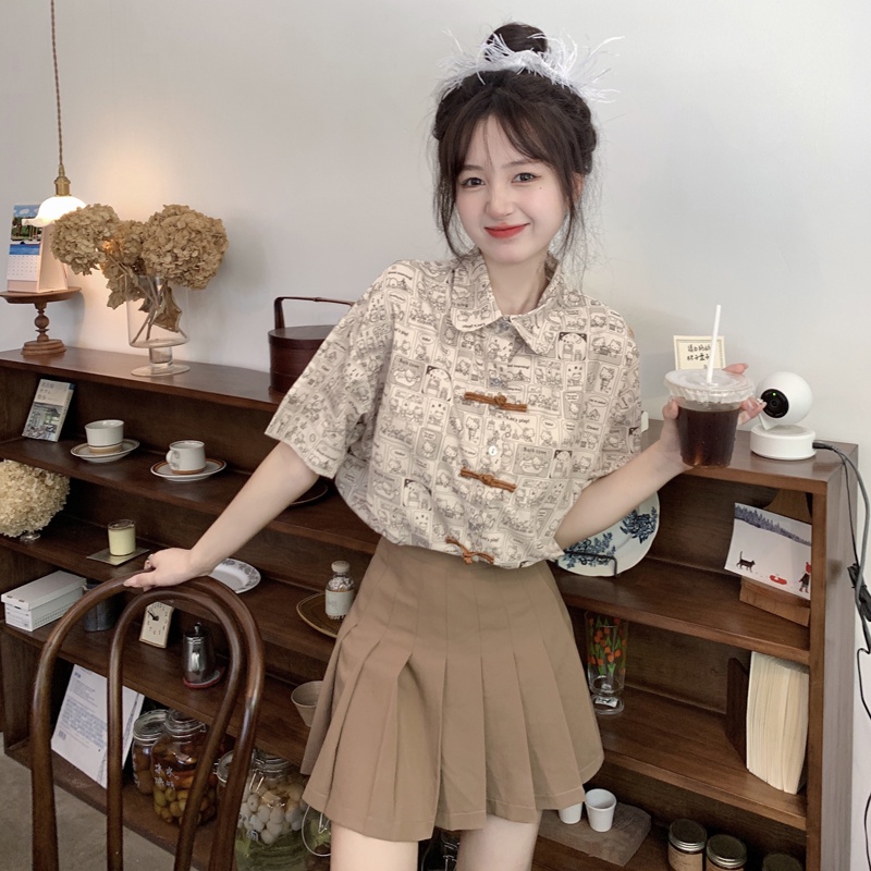 Áo Sơ Mi Ngắn Tay Cài Nút In Hình Mèo Kiểu Retro Hàn Quốc Xinh Xắn Cho Nữ