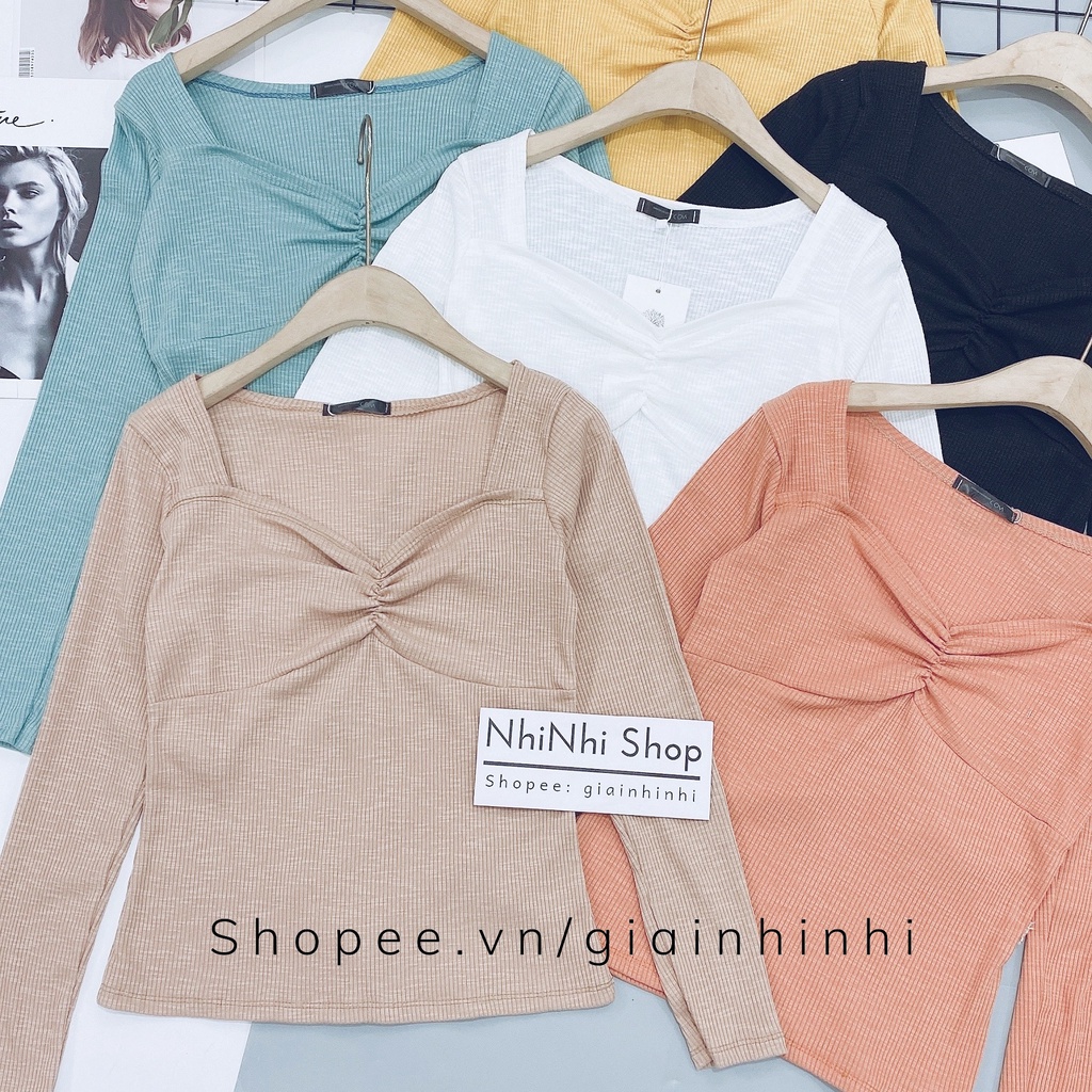 Áo kiểu thun tăm cổ vuông rúm dáng ôm tôn dáng sexxy co giãn AK6538 - NhiNhi Shop