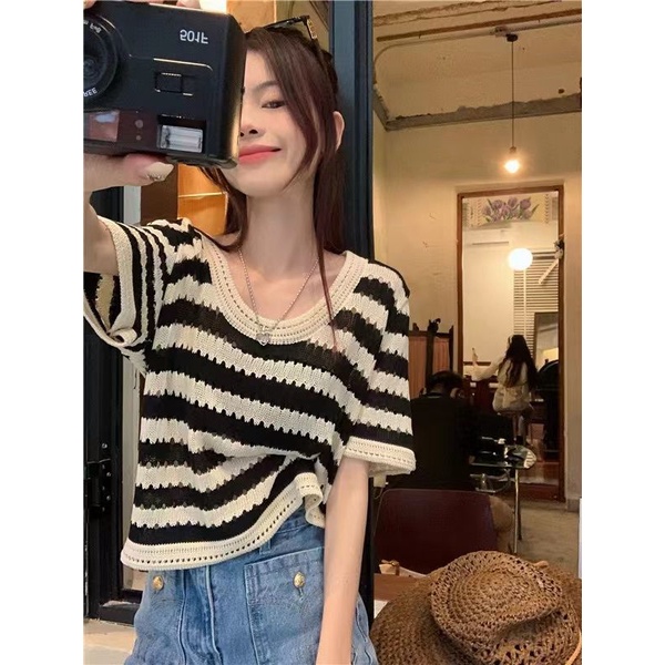 COZOK Áo Thun Tay Ngắn Họa Tiết Kẻ Sọc Phong Cách Vintage Thời Trang Cho Nữ