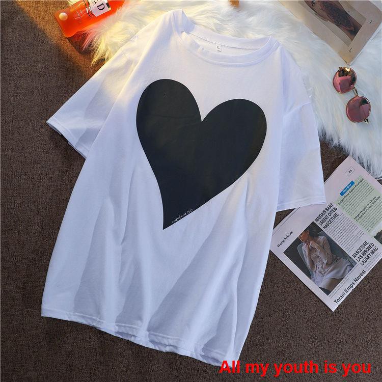 [Spot real shot 💕]Áo    Korean girl loose short-sleeved love print personality T-shirt female heart machine design fashion long section half sleeves