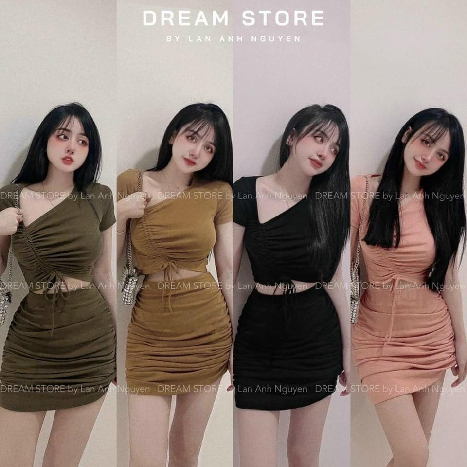 SÉT áo croptop rút dây+chân váy nhún