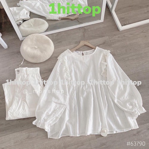 {1hittop} áo babydoll tay bèo trắng tiểu thư, áo sơ mi kiểu bèo xinh 2021 FREESHIP A,036 aobabydoll