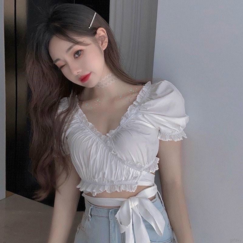 áo croptop ngắn tay voan tơ phối bèo cột nơ eo nữ tính dễ thương alohashop91