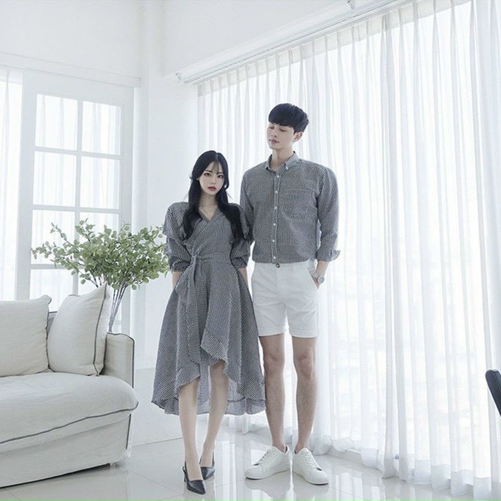 Set áo đầm đôi phong cách hàn quốc đồ cặp áo cặp chụp hình cưới sọc caro đầm đuôi cá dài