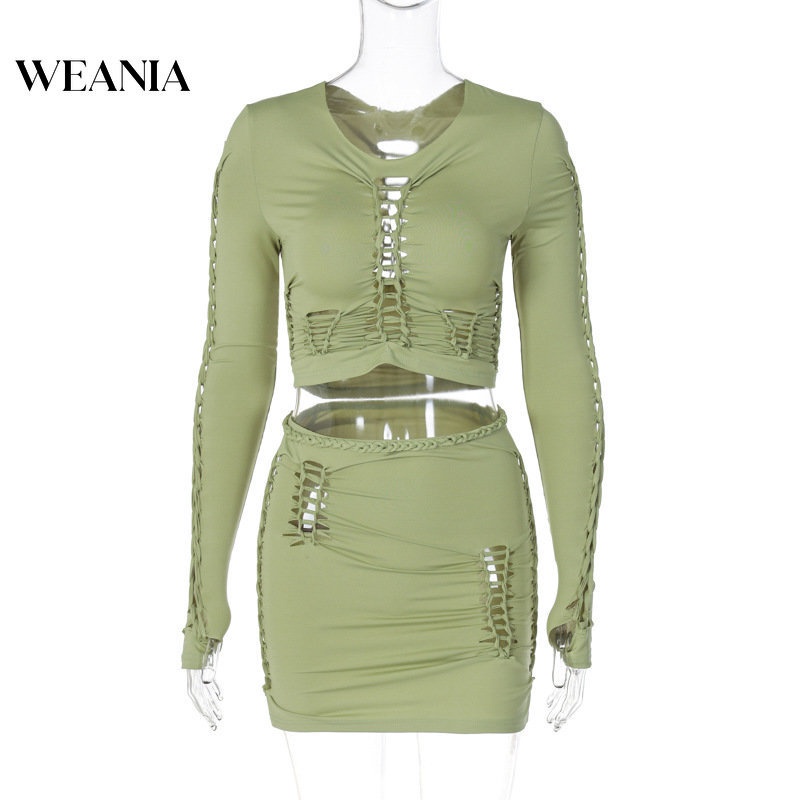 Set Áo Thun Lửng Tay Dài 2 Dây + Chân Váy Bút Chì Lưng Cao Thời Trang Nữ