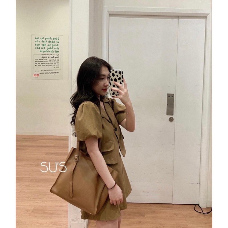 Set Áo Cổ Vest Tay Bồng Kèm Chân Váy Chữ A Ulzzang - Set vest 3 màu Trắng - Nâu - Xanh Dương