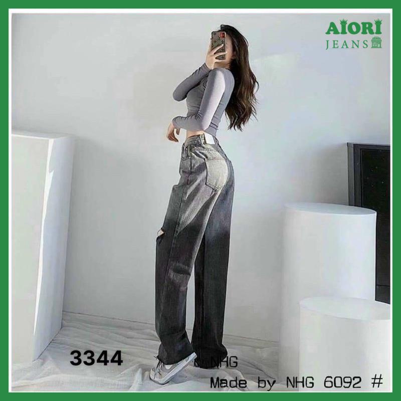 Quần Jean Nữ Aiori Fashion Ống Rộng Lưng Cao Trơn Rách Gối Loang Màu Bò Suông Cạp Cao Thời Trang Hàn Quốc Ulzzang_3325