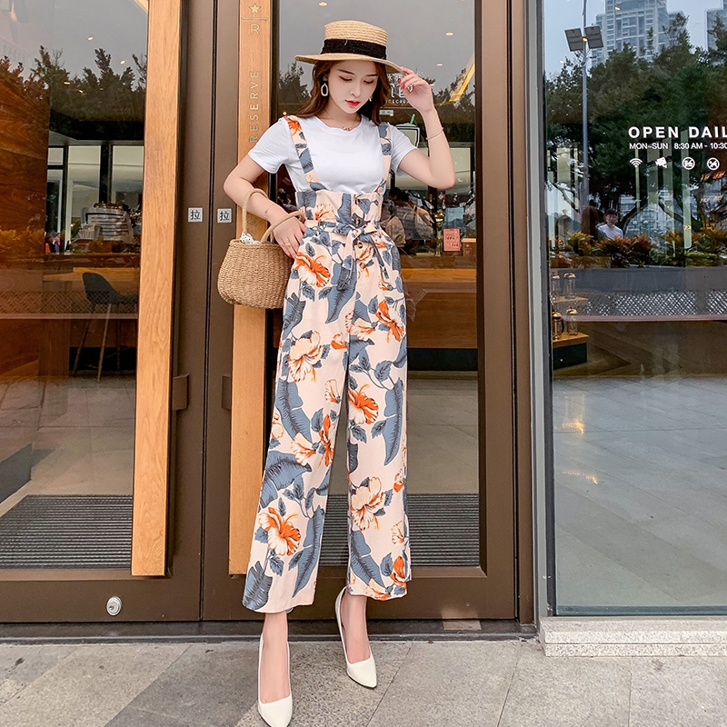 Bộ jumpsuit sát nách ống rộng dài lưng cao in họa tiết hoa cho nữ