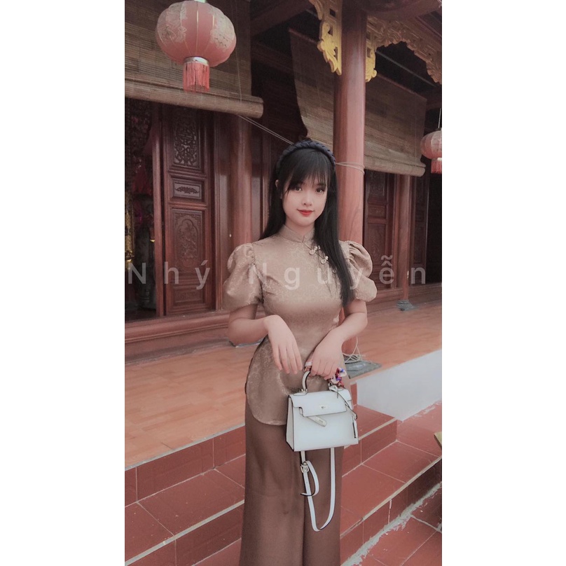 Bộ Đi Lễ Chùa Nữ Đồ Lam Đi Chùa Lụa Gấm Nổi Cao Cấp Tay Phồng