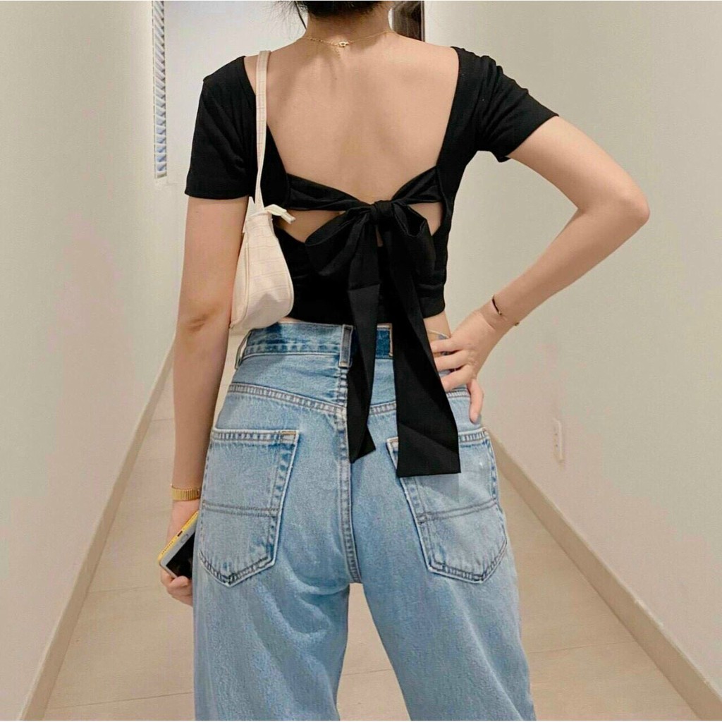 Áo croptop cột nơ lưng tay ngắn Thun gân A5177