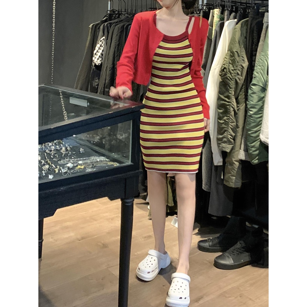 ZHELIHANGFEI Set Áo Cardigan Dệt Kim Dài Tay Và Đầm Hai Dây Họa Tiết Kẻ Sọc Phong Cách Quyến Rũ