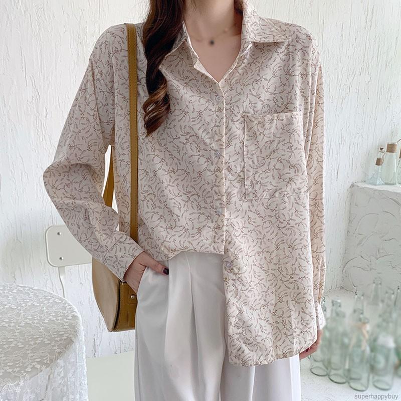 Áo Kiểu Tay Dài Hoạ Tiết Hoa Thiết Kế Dáng Rộng Thoải Mái