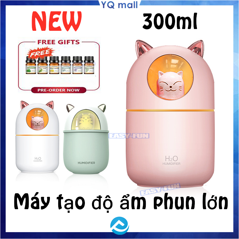 Máy tạo độ ẩm Mèo dễ thương 300ml với đèn ngủ 7 màu,Siêu âm làm mát bằng hơi nước Máy khuếch tán tinh dầu không khí