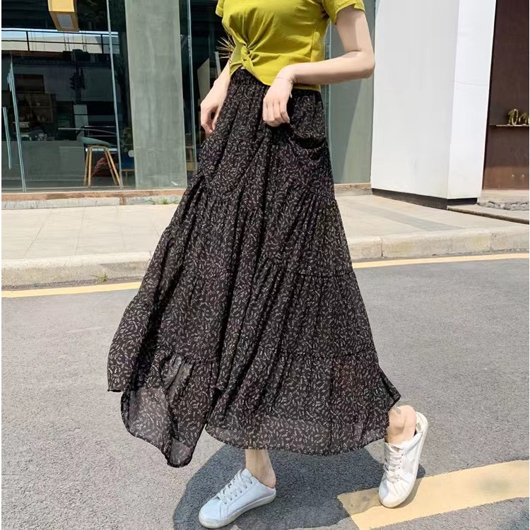 Chân váy voan BH dáng dài lưng cao in hoa thời trang mùa hè hàng mới 2022