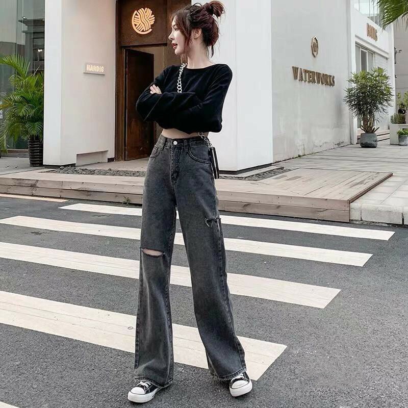 [sỉ] FS50K_Quần Jeans Ống Rộng Nữ Màu Xám Khói Trơn Và Rách Cực Hot MS: MK2021