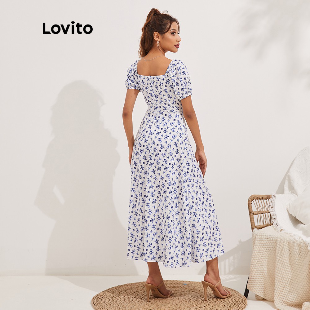 Váy Lovito họa tiết hoa phối dây buộc cổ vuông xẻ sâu kiểu dáng không đồng đều L13X002 (màu xanh lam)