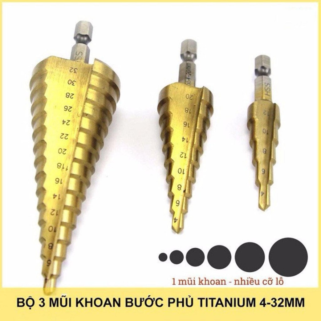 Bộ 3 mũi khoan bước tháp, mũi khoan tháp, mũi khoan nón, mũi khoan tầng, mũi khoan bước thẳng chuôi lục giác, gia cường