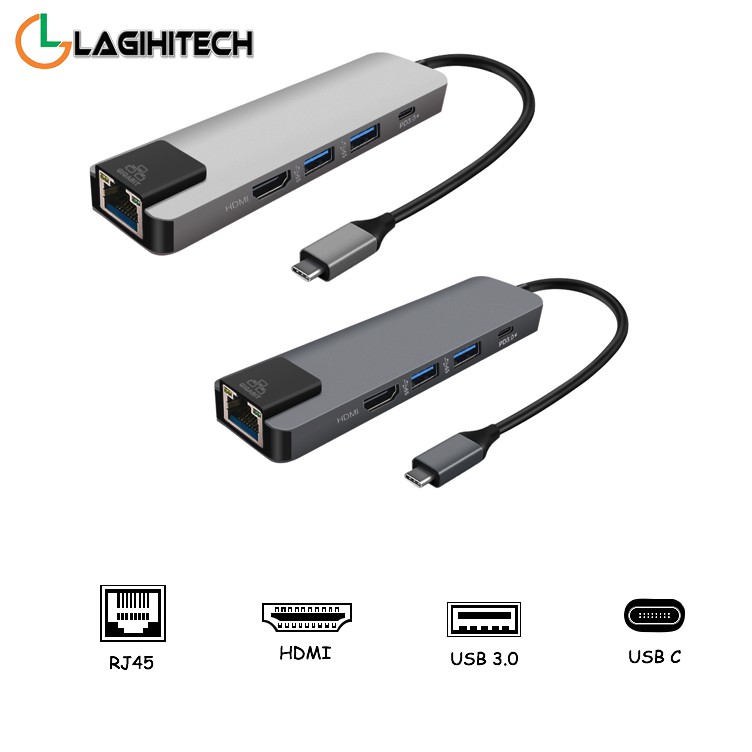 Hub USB Type C 5 in 1 To HDMI, RJ45, 2 x USB 3.0, USB Type C - MÀU NGẪU NHIÊN (F1) - Bảo Hành 1 Tháng