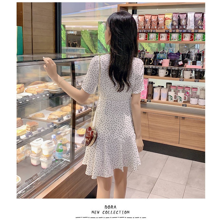 Đầm Dáng Chữ A Tay Ngắn Cổ Chữ V Họa Tiết Chấm Bi Thời Trang Mùa Hè C8455