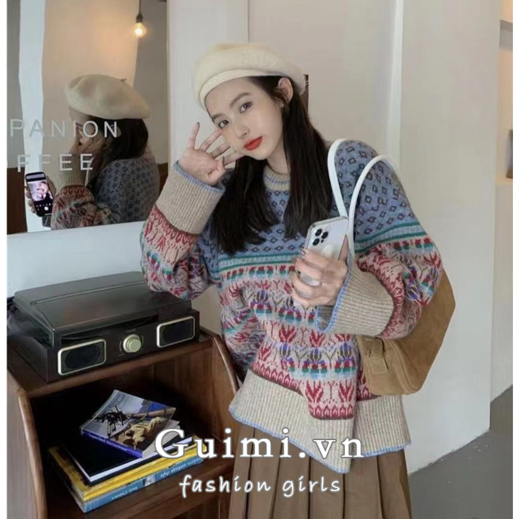 Áo sweater dệt kim NZN  tay dài dáng rộng phong cách vintage Hàn Quốc