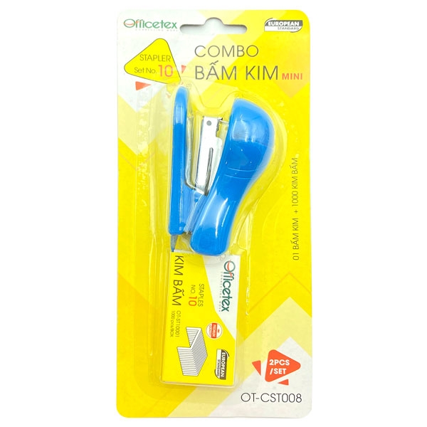 Bộ Bấm Kim Officetex OT-CST008 (1 Bấm Kim, 1 Hộp Kim Bấm) - Mẫu 3 - Xanh Dương