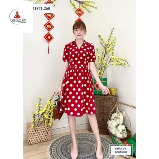Đầm Nữ NHẬT VY Chấm Bi Cúc Bọc Chít Eo Công Sở Chất  Lụa Bi - D1871