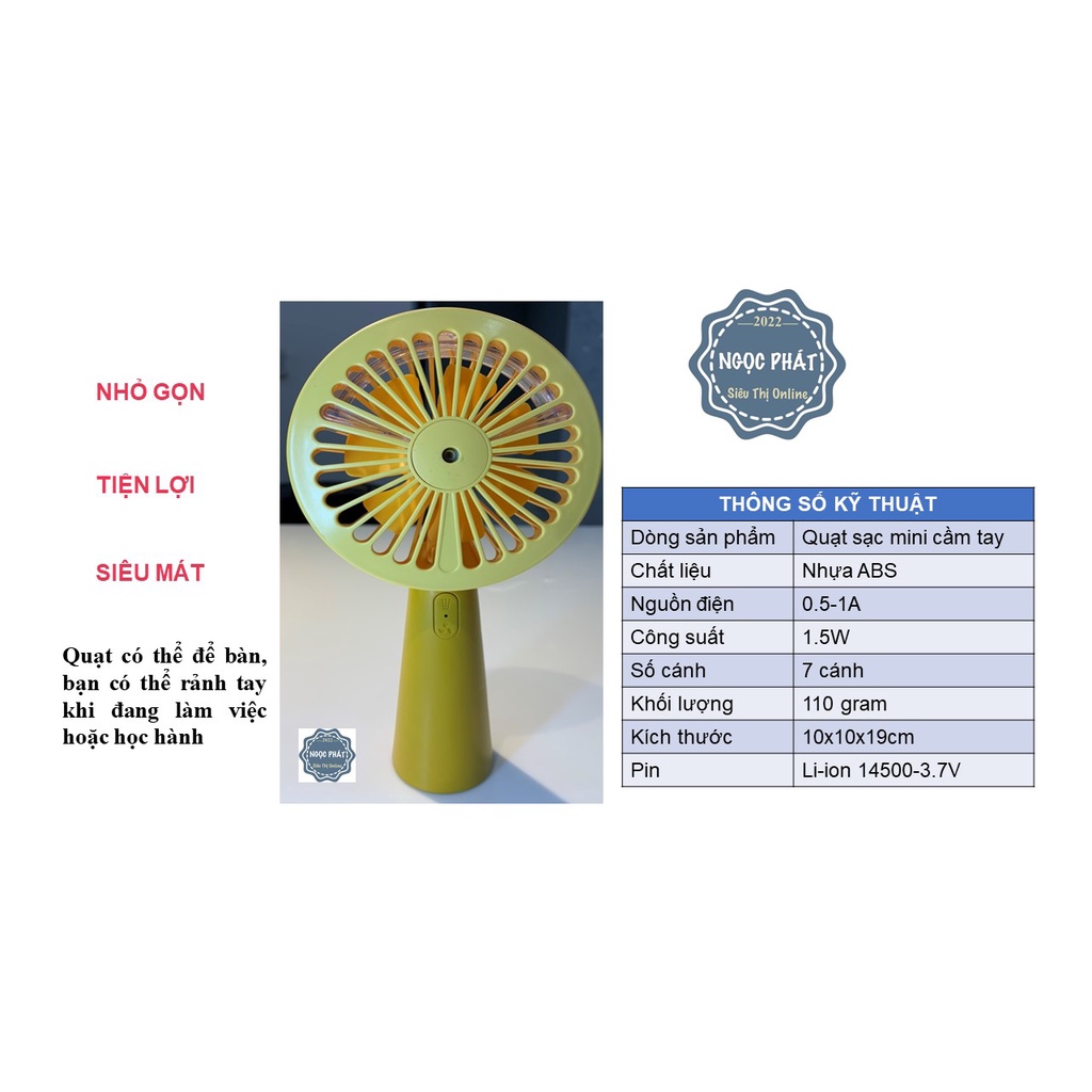 QUẠT CẦM TAY MINI PHUN SƯƠNG, SẠC TÍCH ĐIỆN, 3 TỐC ĐỘ GIÓ