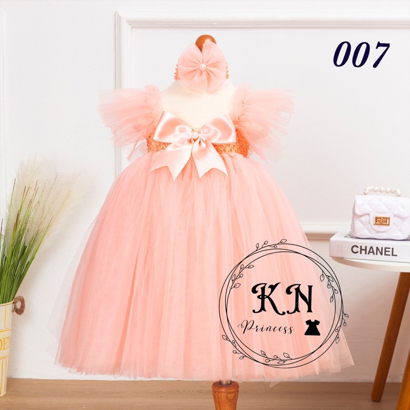 Đầm công chúa cánh tiên màu cam sữa MS007. Tặng kèm băng đô hoặc bờm tóc cho bé🍉🍉🍉