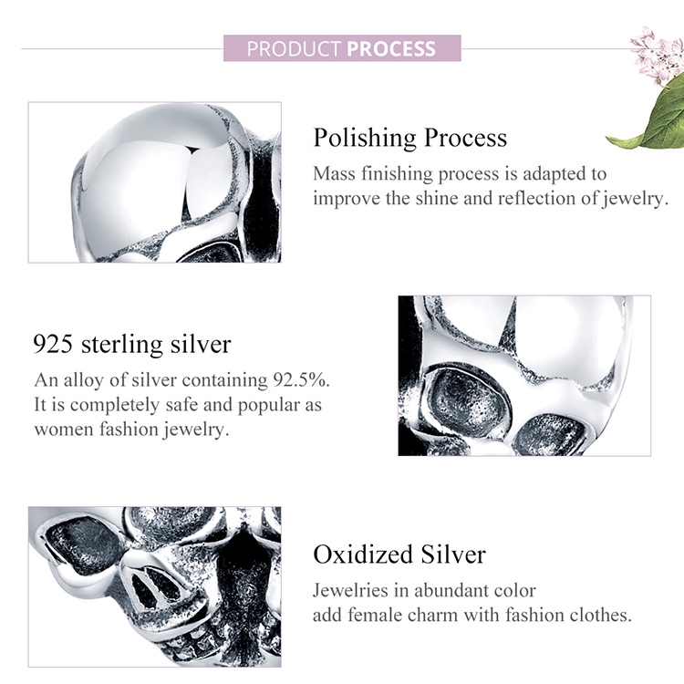 Hạt charm BAMOER SCC1519 bằng bạc 925 hình trái tim kiểu đầu lâu phong cách punk thời trang cá tính