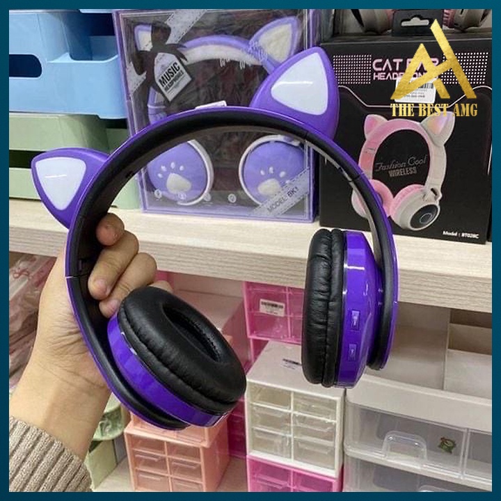 Tai Nghe Chụp Tai Có Mic LED 7 Màu Headphone Bluetooth Tai Mèo B39 Tai Nghe Nhạc Điện Thoại Không Dây Mini
