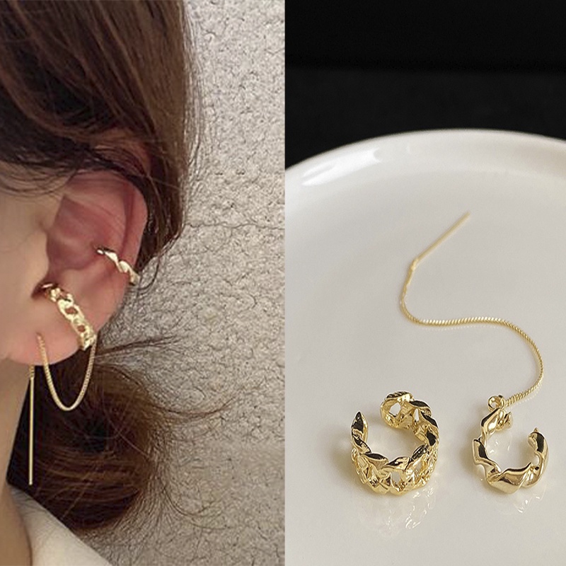 Khuyên Kẹp Vành Tai Hai Lớp Bằng Kim Loại Phong Cách Retro Hàn Quốc Mới Cho Nữ