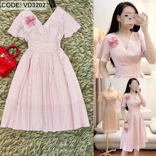 Đầm sọc cổ đắp chéo cài hoa vải sọc kate MSVAY012