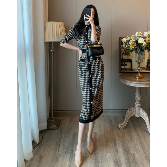 Đầm dệt kim dáng dài ôm eo kiểu retro Pháp thời trang thu đông dành cho nữ