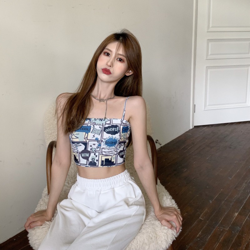 Áo Hai Dây Dáng Ngắn In Họa Tiết Thời Trang Mùa Hè Phong Cách Hong Kong Thời Trang Cho Nữ