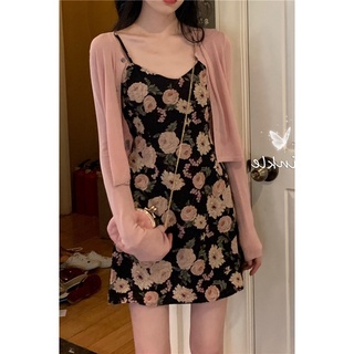 (ORDER) Set váy hai dây hoa hồng dáng chữ A + Áo cardigan mỏng nhẹ điệu đà mùa hè (hàng order hot)
