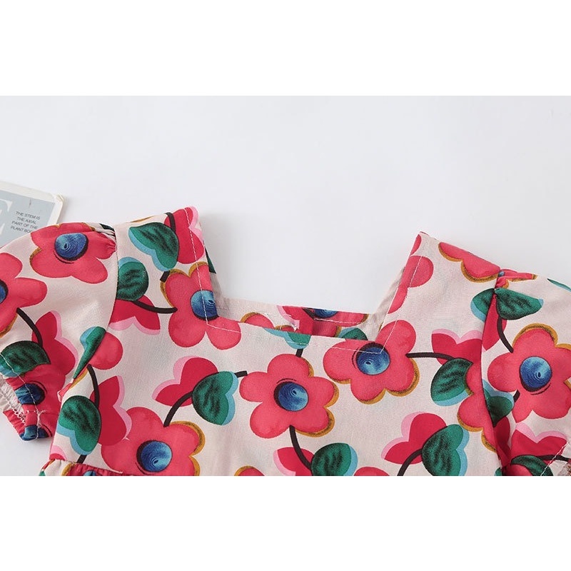 Bộ Áo Liền Quần Tay Phồng Chất Liệu Cotton Đính Nơ In Hoa Thời Trang Mùa Hè Cho Bé Gái Sơ Sinh