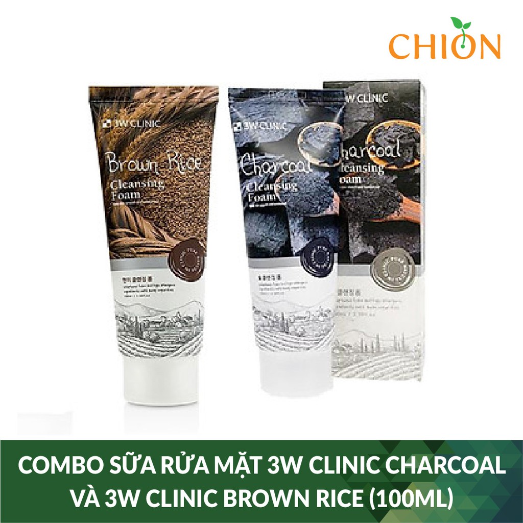 Combo sữa rửa mặt 3W CLINIC CHARCOAL và 3W CLINIC BROWN RICE (100ml) - Hàn Quốc Chính Hãng