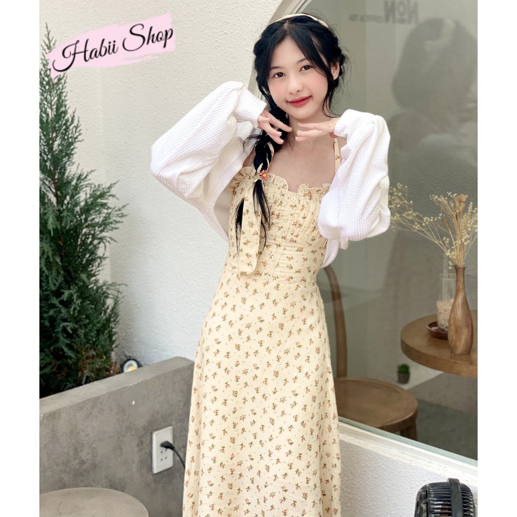 Set váy hoa nhí cổ yếm dáng dài kèm áo khoác cardigan croptop Ulzzang HABII V02