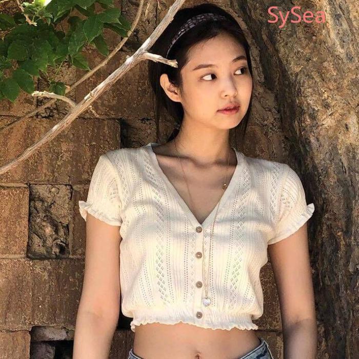 Áo Thun Dệt Kim Cổ Chữ V Phong Cách Retro Cho Nữ