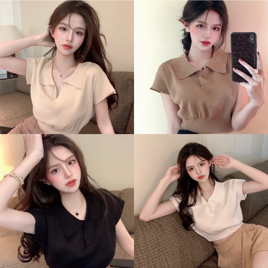 Áo len nữ croptop THOYEUFASHION, Áo croptop nữ chất len tăm cộc tay cổ bẻ hàng dệt kim cao cấp