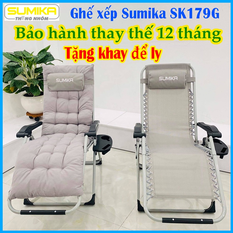 Ghế xếp thư giãn Sumika 179G (VẢI LƯỚI Màu TRẮNG KEM) - Tặng khay ly