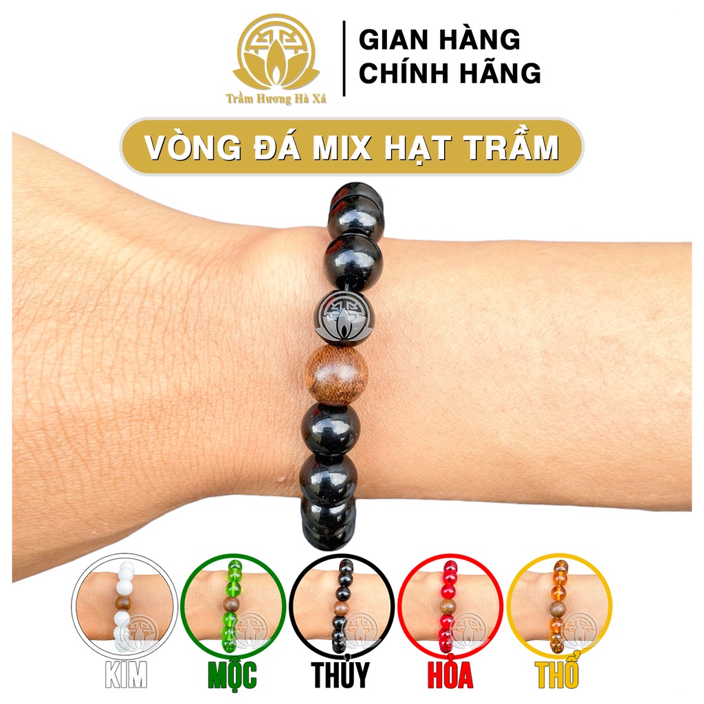 Vòng tay đá phong thủy Trầm Hương Hà Xá mix hạt trầm 10li bình an và tài lộc