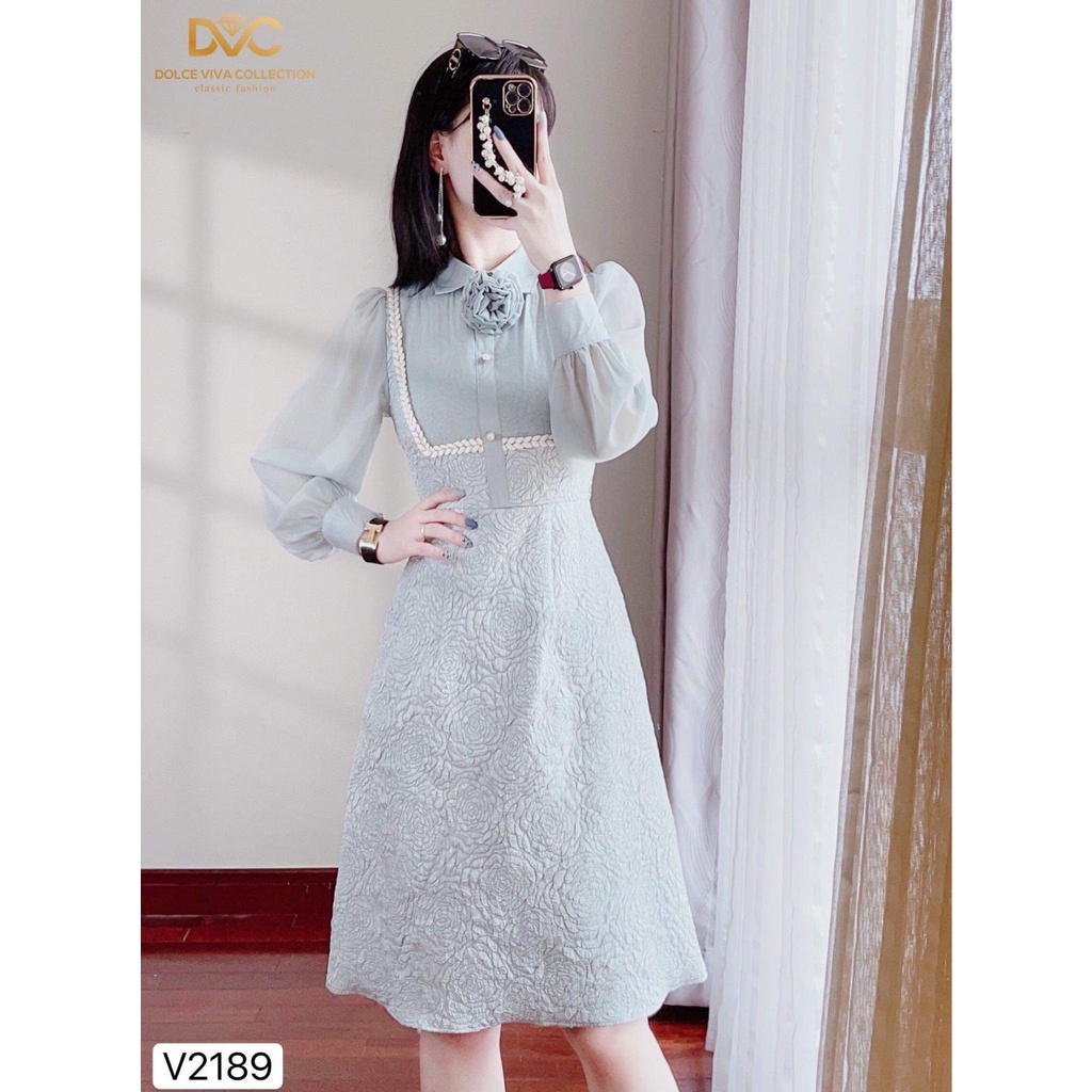 Váy gấm xanh mint thiết kế V2189