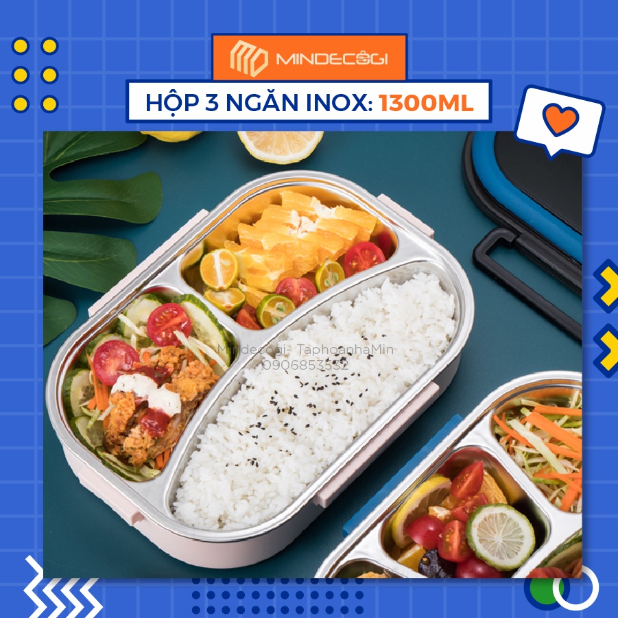 Hộp Cơm Inox 304 Giữ Nhiệt 3 Ngăn Cao Cấp - Dung Tích Lớn 1300ml - Kèm muỗng Đũa