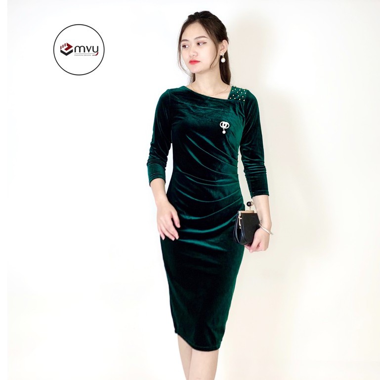 Váy body nhung tuyết ly eo tay bồng Emvy - K20
