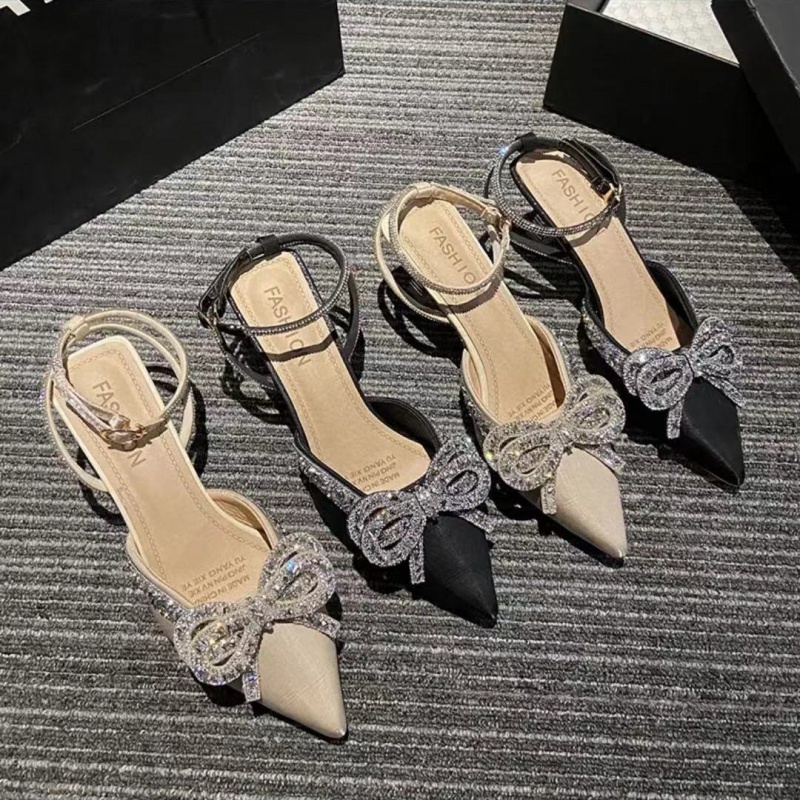 Women's Rhinestone Bow Half Slippers2021New High Heel Women's Shoes Stiletto Heel Fashion Closed Toe Sandals Summer